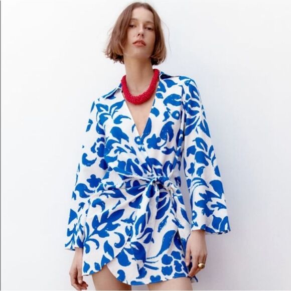 Zara White & Blue Tropical Floral Pattern Long Sleeve Mini Linen Wrap Dress Med - Picture 1 of 9